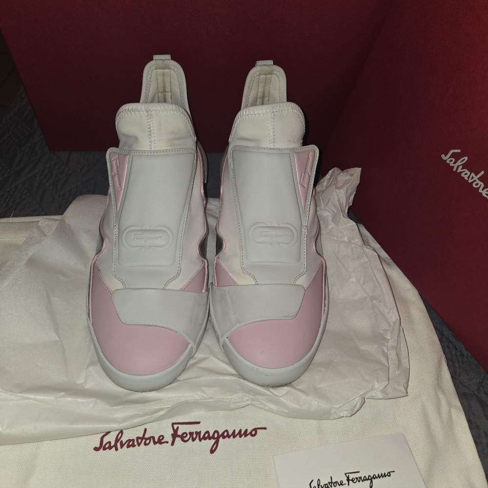 Ferragamo Nile Neoprene leather women's Sock sneakers Pink and white 8.5/ 39 - Picture 7 of 14